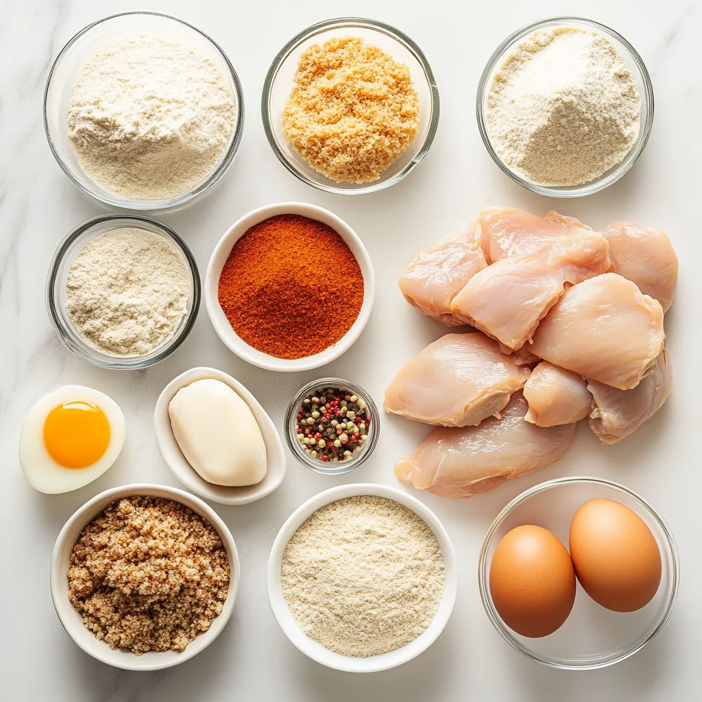 Fresh chicken, breadcrumbs, eggs, and seasonings for homemade chicken nuggets on a countertop.