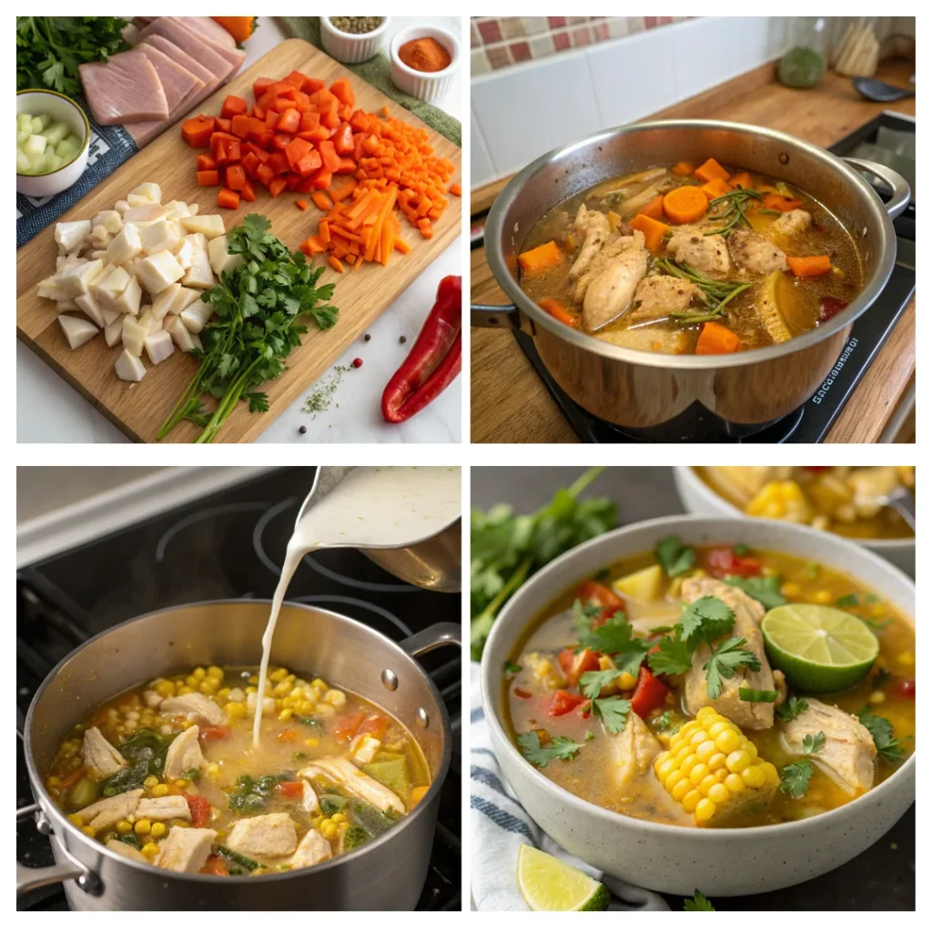 Step-by-step image of Jamaican chicken soup cooking, with chicken, vegetables, and broth simmering in a pot.