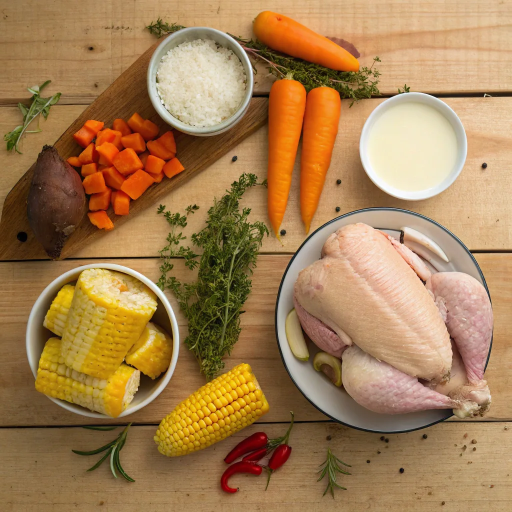 Ingredients for Jamaican chicken soup including chicken, corn, yam, carrots, thyme, scotch bonnet pepper, and coconut milk.