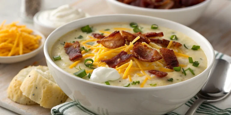 A bowl of rustic baked potato soup with bacon, cheddar cheese, and green onions, offering a creamy and hearty texture.