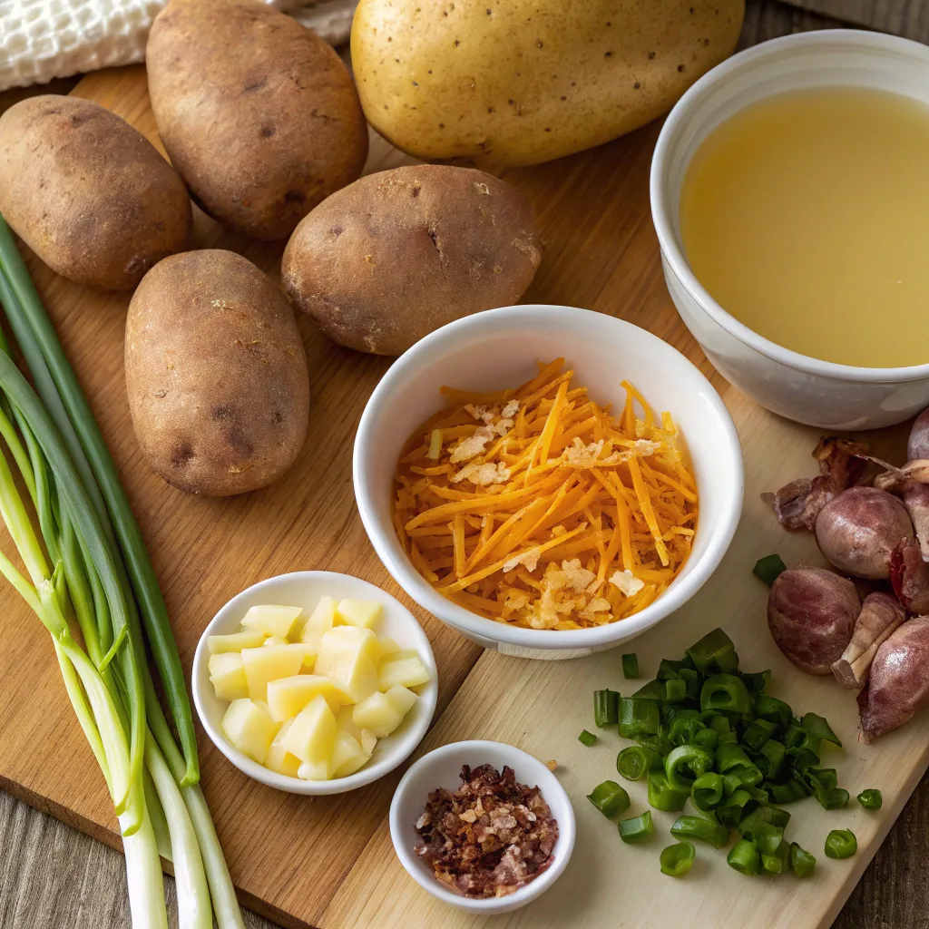 Ingredients for rustic baked potato soup laid out on a countertop, including russet potatoes, bacon, and cheese.