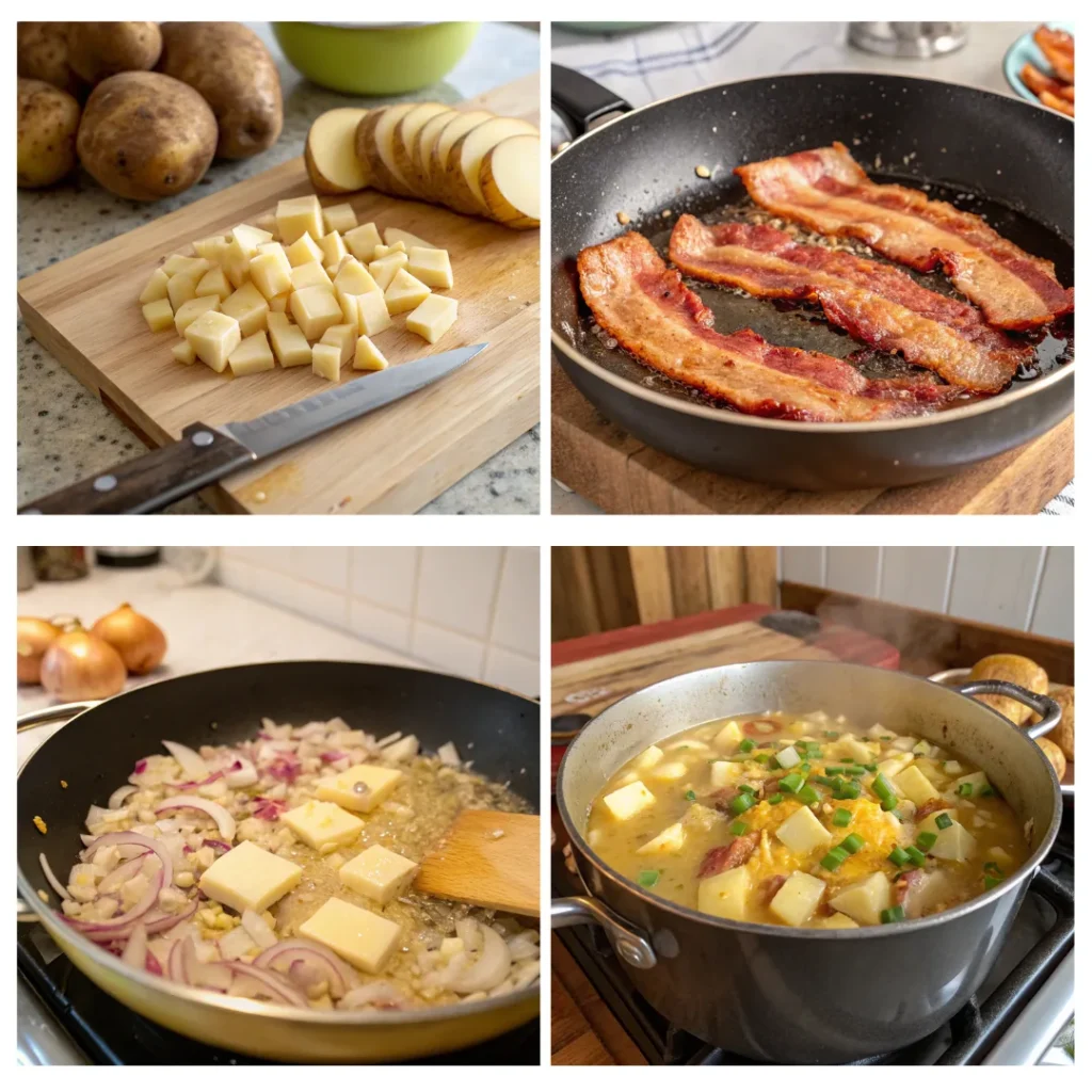 Step-by-step process of making rustic baked potato soup, showing frying bacon, sautéing onions, and adding potatoes.