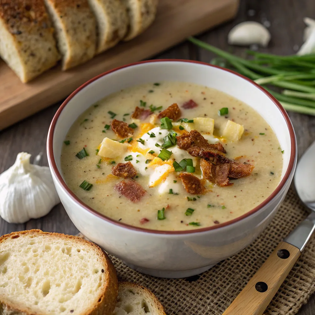 Medium zoom of rustic baked potato soup with creamy texture, crispy bacon, melted cheese, and green onions.