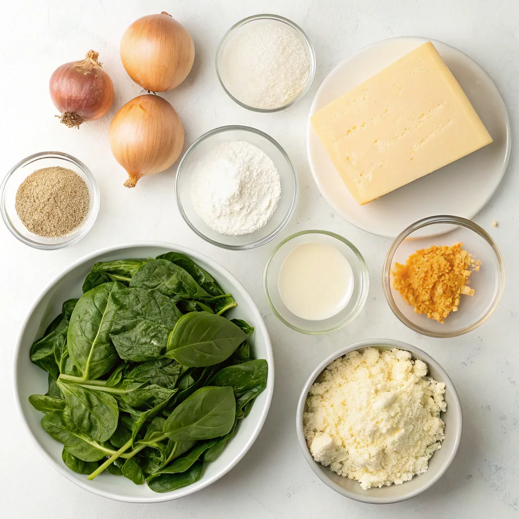 Ingredients for Spinach Madeline recipe: spinach, butter, onion, garlic, flour, milk, heavy cream, cheddar cheese, parmesan, salt, cayenne pepper, and breadcrumbs.