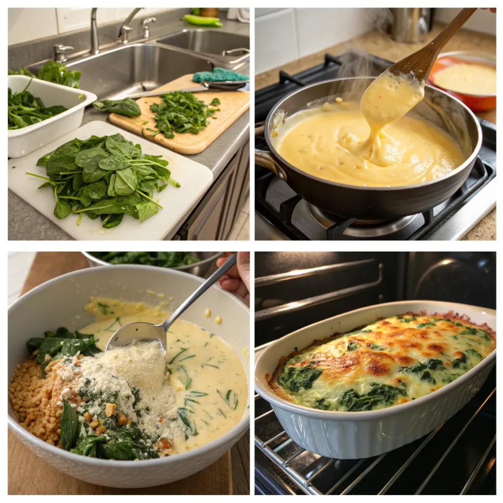 Step-by-step process of making Spinach Madeline: preparing spinach, making cheese sauce, mixing ingredients, and baking in a casserole dish.